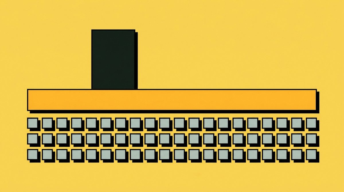 A low platform with one upright shape standing on it, facing rows of small rectangles arranged like empty seating.