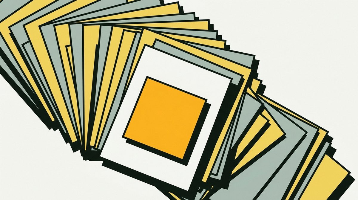 A stack of documents fanned out diagonally, with one sheet pulled forward and marked by a single square.
