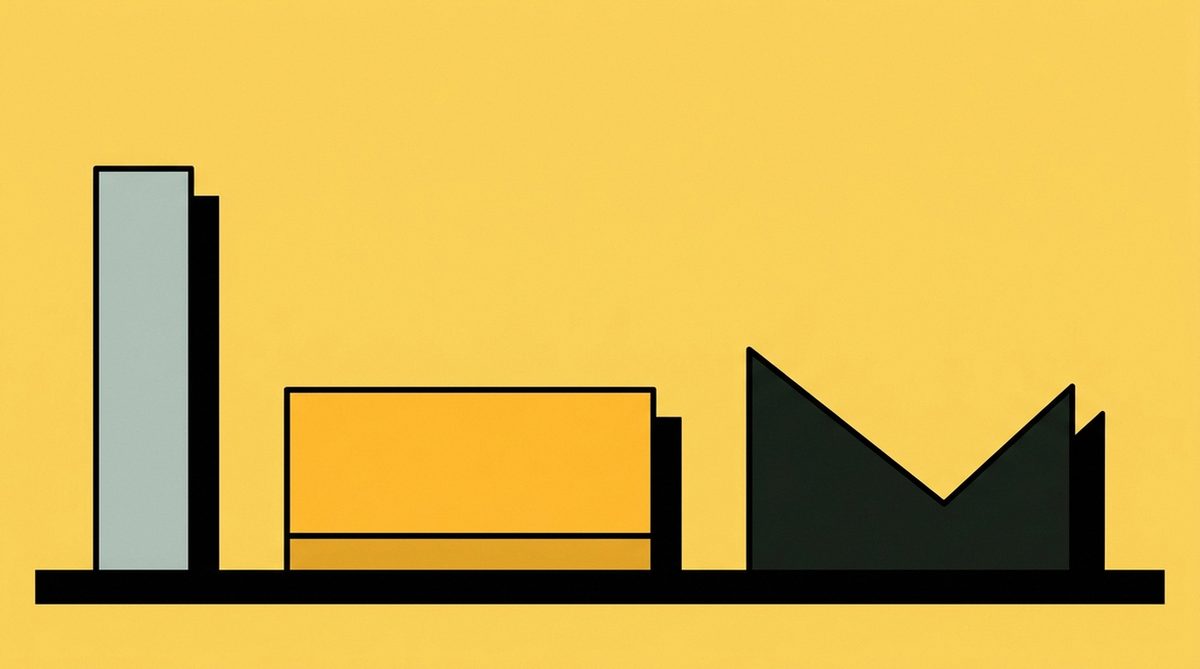 Three unlike objects standing side by side on one baseline: a tall narrow bar, a wide low slab and an angular dark form.